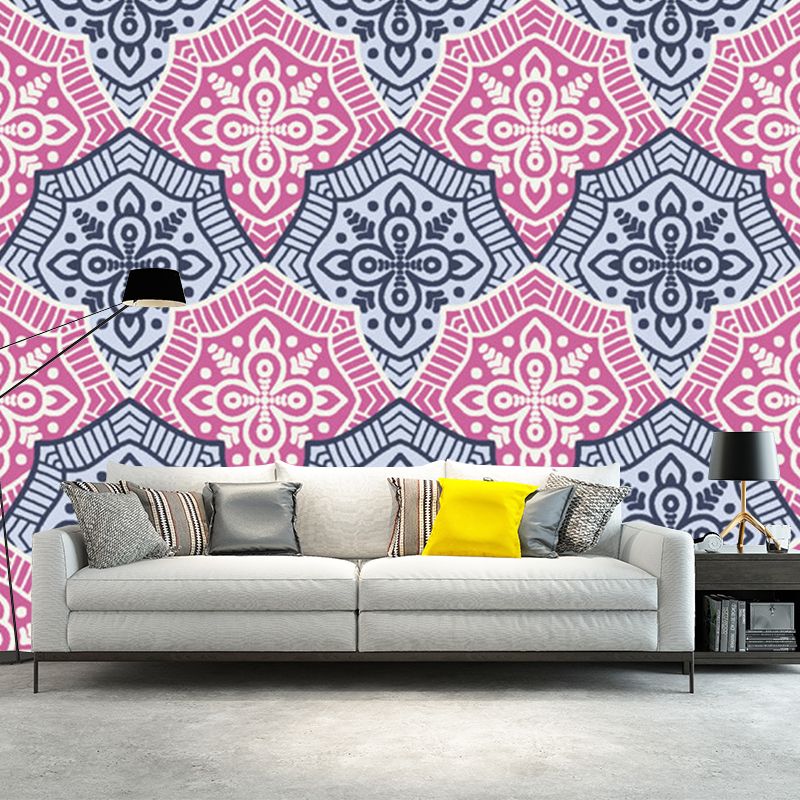 Pink-Blue Floral Wallpaper Murals Stain Resistant Boho-Chic Living Room Wall Art