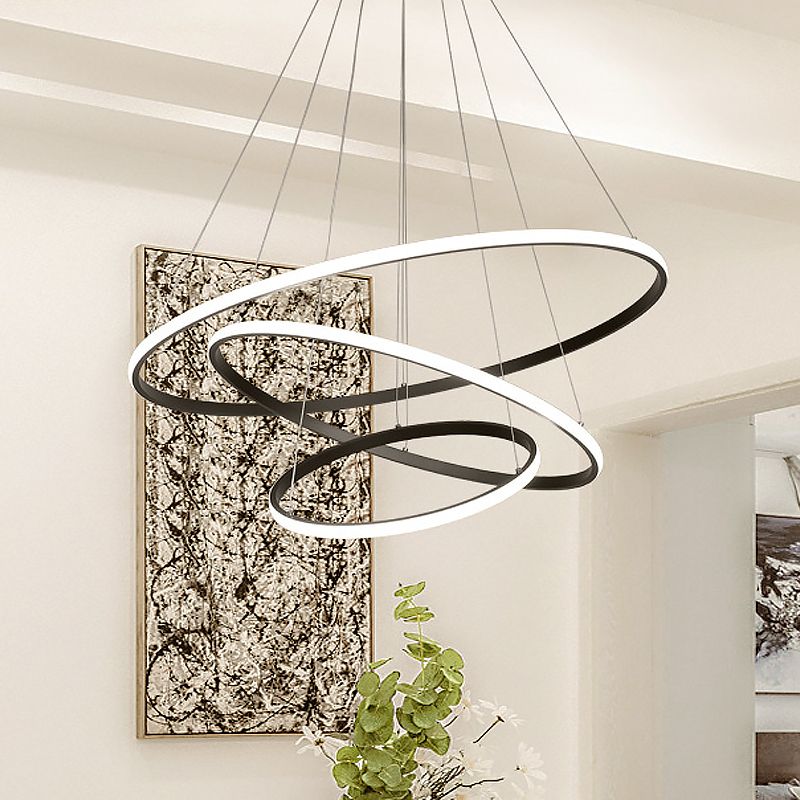 Black Tiered Slim Loop Chandelier Simplicity Aluminum LED Pendant Lighting in Warm/White Light for Living Room