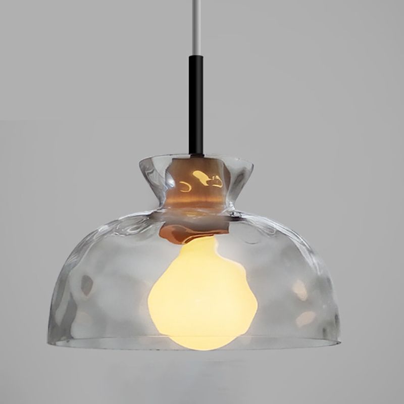Clear Rippled Glass Shaded Pendant Nordic 1 Head Wood Suspension Light for Dining Room