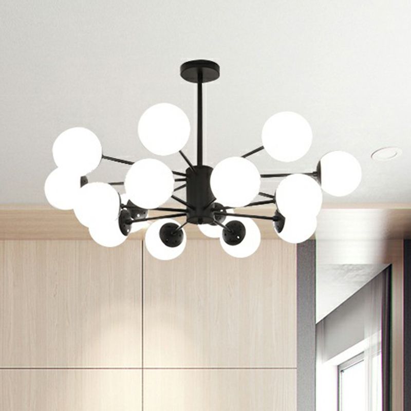 Black Burst Hanging Lamp Modern Metal Chandelier with Ball Opaline Glass Shade for Bedroom