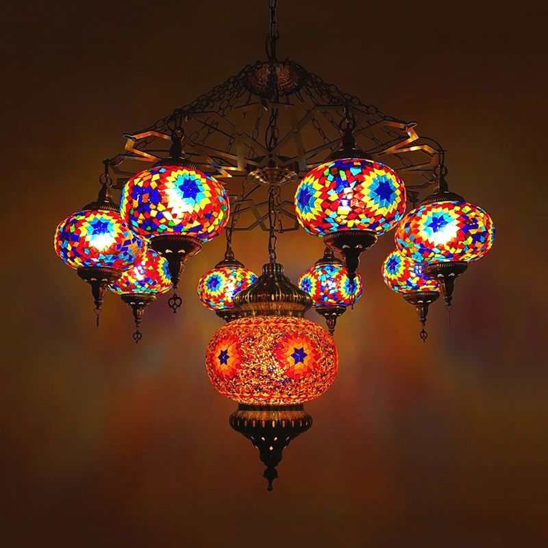 Vintage Oval Chandelier Light Fixture 9 Heads Stained Art Glass Hanging Ceiling Light in Red/Blue
