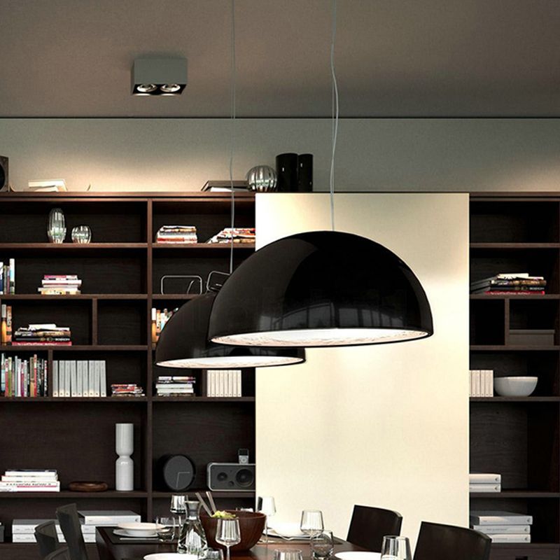 Hemispherical Resin Pendulum Light Industrial 16"/23" W Single Living Room Pendant Lamp in Black/White with Carved Rose Inside