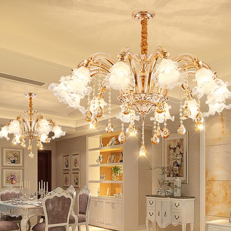 Ribbed Glass Ruffled Flower Suspension Light Retro Living Room Chandelier Light with Crystal Draping in Gold
