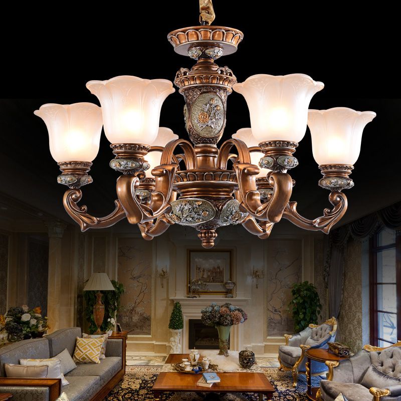 Cream Glass Brown Chandelier Lighting Fixture Floral Shade 6/8-Light Antiqued Suspension Pendant