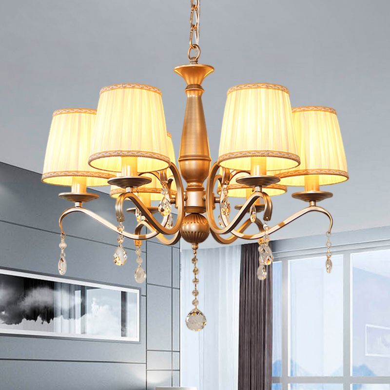 Traditionele vatschaduw Hanglicht 6 lampen geplooide stof plafond kroonluchter met goud gebogen arm