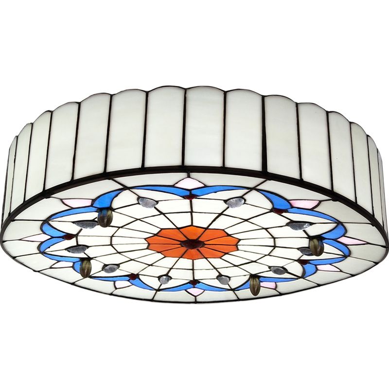 Drum Ceiling Mount Light Mediterranean Stained Glass Flush Mount Fixture for Bedroom