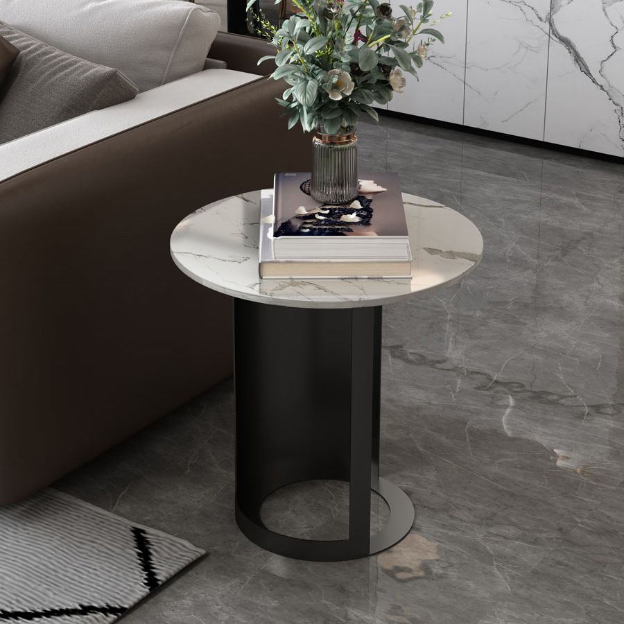 Single Round Pedestal Black Coffee Cocktail Table with Marble Top