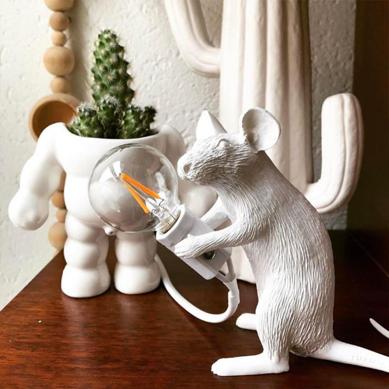 Lampada da tavolo a forma di topo con finitura bianca Lampada da scrivania per ristorante a 1 testa in resina stile nordico
