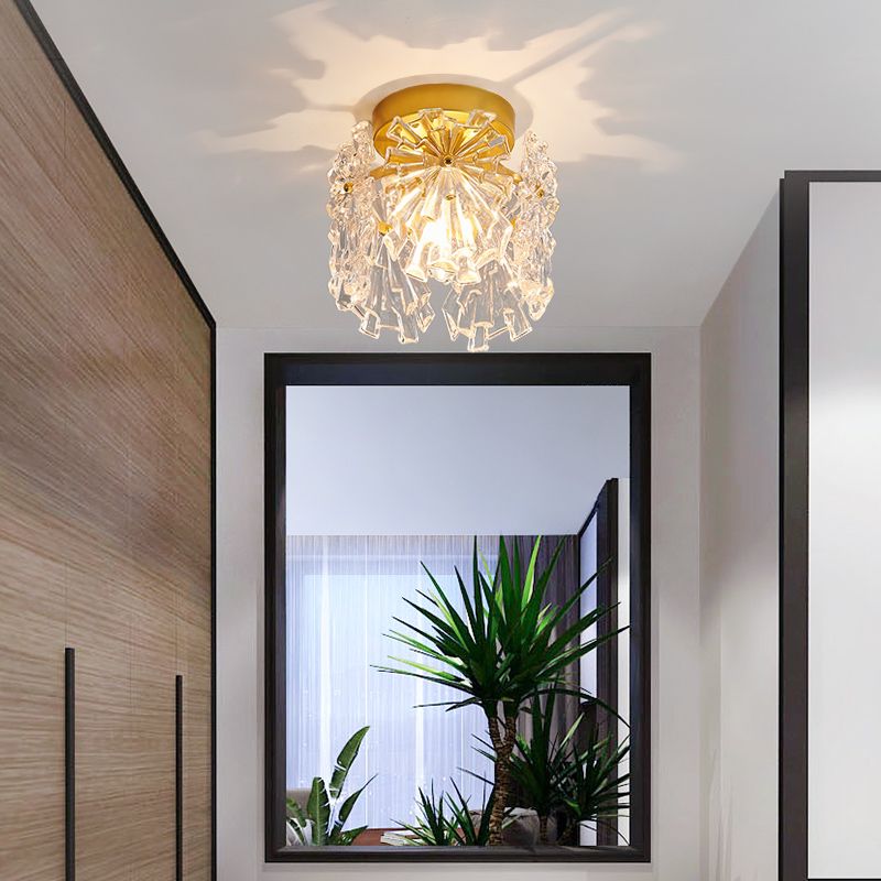 Modern Close to Ceiling Lighting Fixture Gold Cylinder Ceiling Light with Glass Shade
