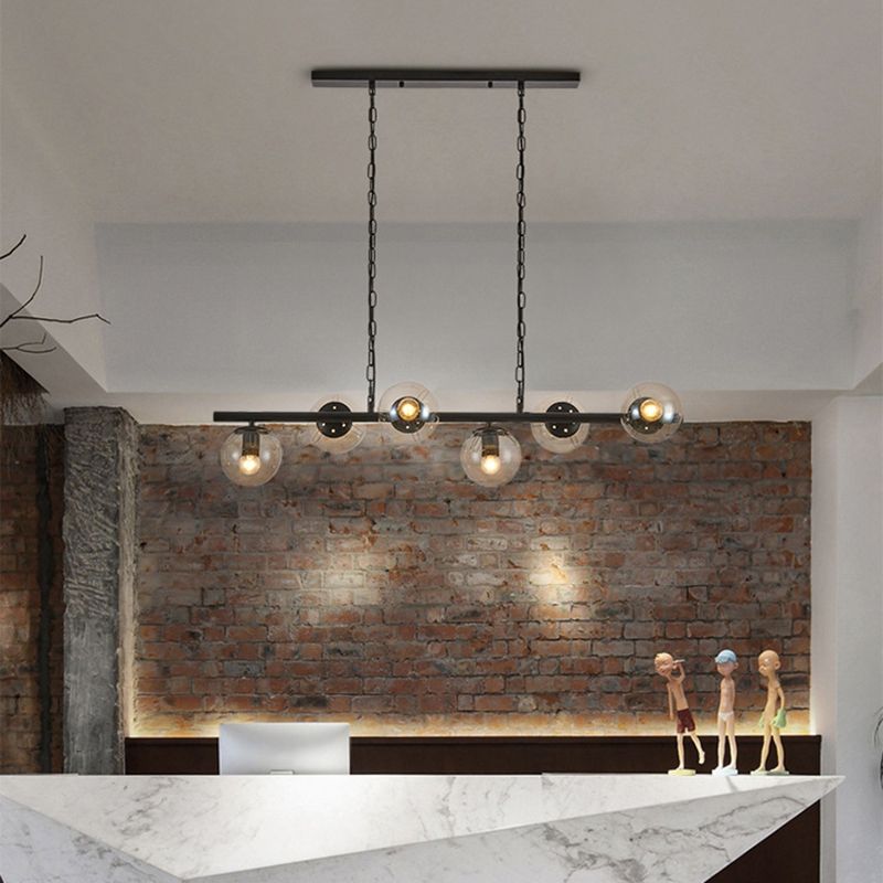 Industrial Black Island Light Globe 6 Lights Island Pendant with Glass for Dining Room