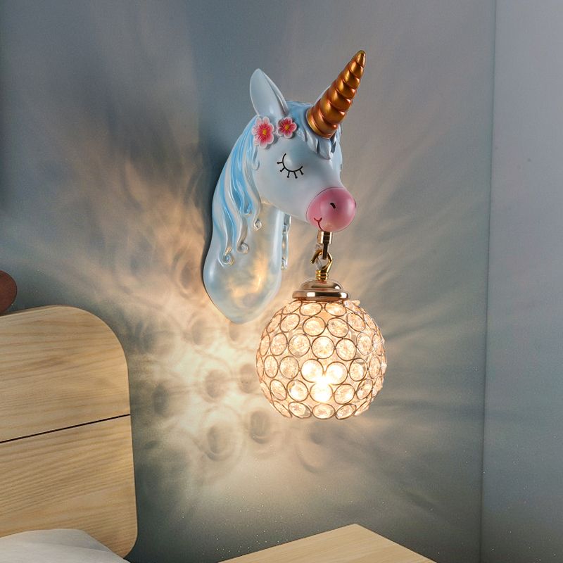 Cartoon Unicorn Wall Mount Light Resin Bedside Wall Lighting with Hollowed out Globe Shade