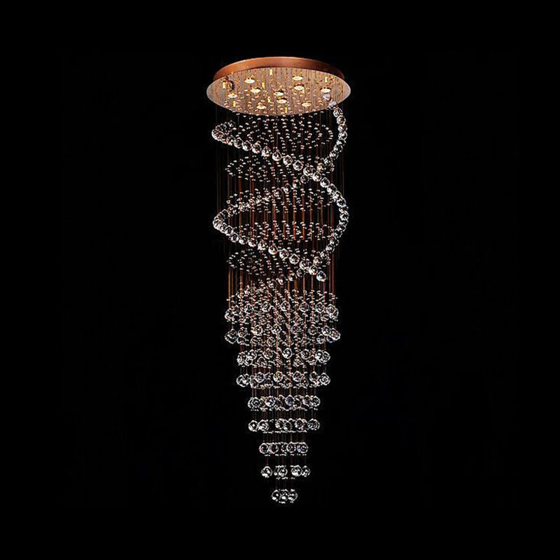 10-Head Spiral Cascades Hanging Lamp Modernism Brass Clear Crystal LED Multi Light Pendant