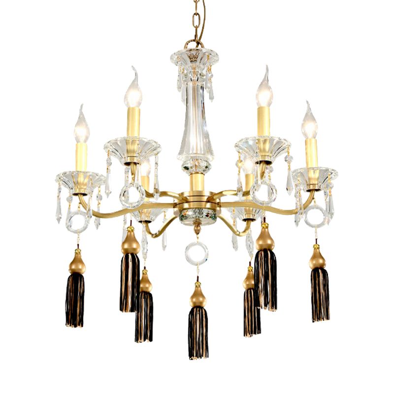 Brass Candlestick Chandelier Lamp Traditional Crystal 6-Light Dining Table Pendant Light with Tassel