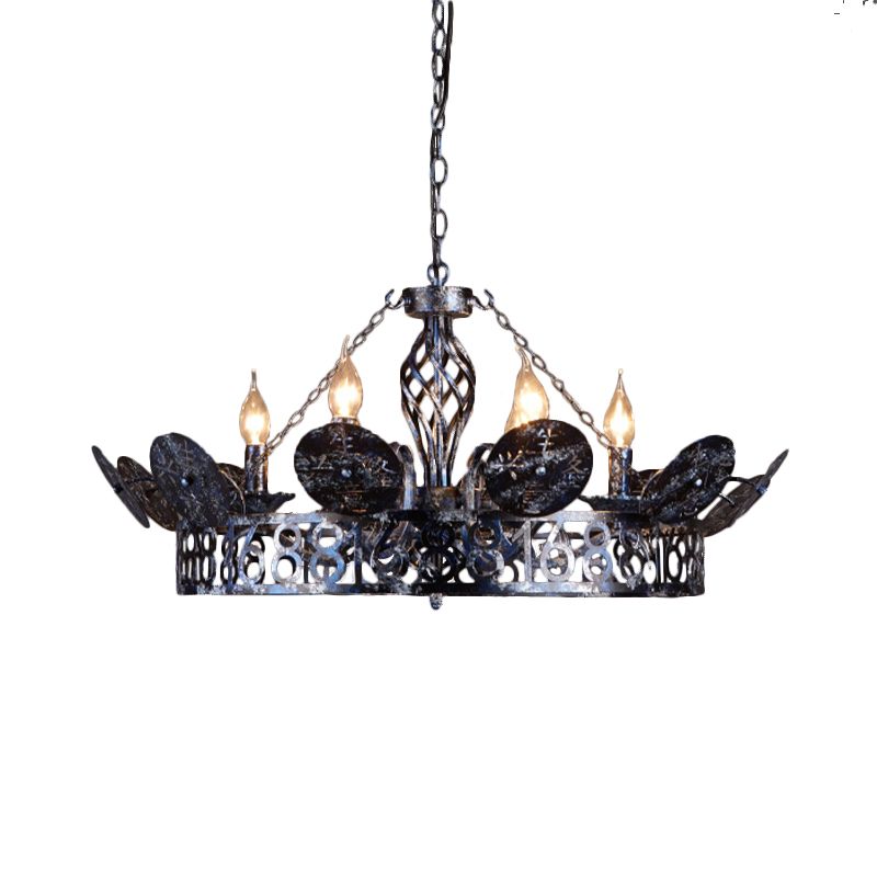 6-Light Wagon Wheel Chandelier Light Traditional Black Metal Suspension Pendant for Cafe