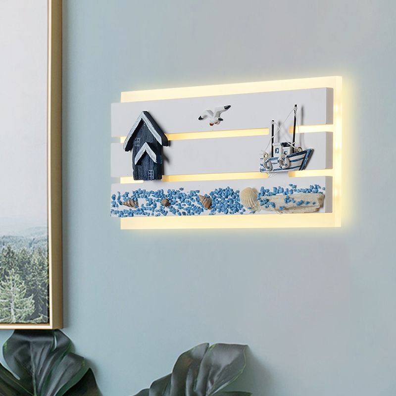 Acrylic Oblong Flush Wall Sconce Cartoon LED Wall Mounted Light with Wood Seagull and Sailboat Design
