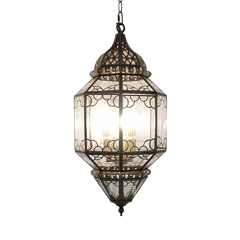 3-Head Pendant Lighting Antiqued Arab Balcony Hanging Chandelier with Lantern Clear Glass Shade in Bronze