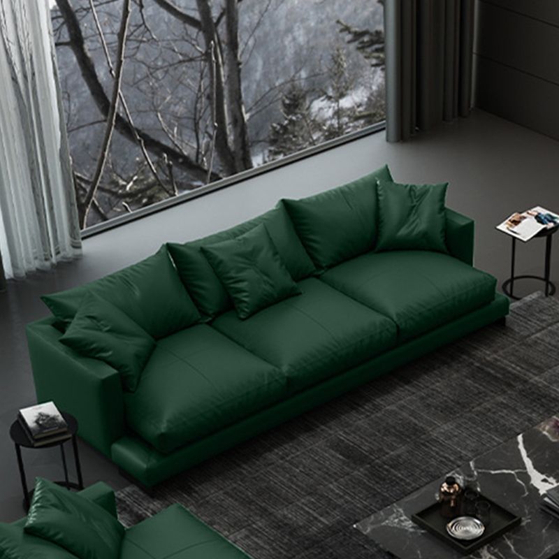 Forest Green Genuine Leather Square Arm Settee Furniture with Pillows