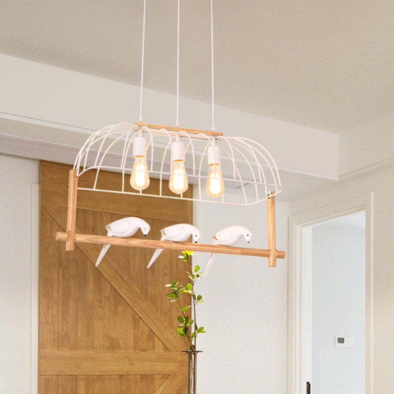 Nordic Style 3-Light Island Pendant Iron White Elongated Cage Hanging Light with Bird and Wood Bird Stand