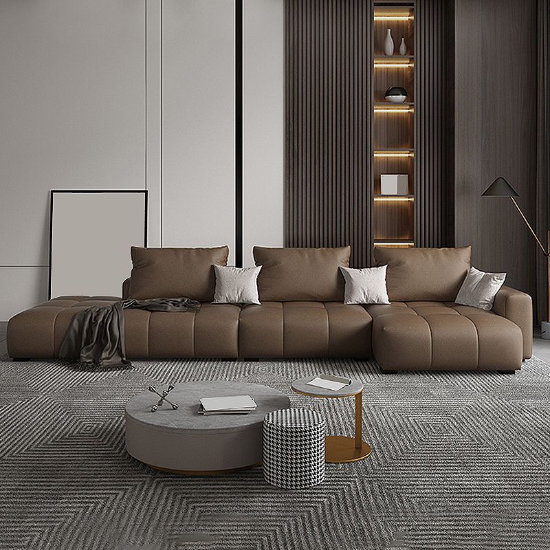 Faux leather Square Arm Sectional Brown L-Shape  Sectional for Living Room