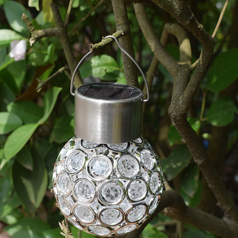 Modern Style Cutout Sphere LED Hanging Light Metallic Courtyard Solar Pendant Light in Stainless-Steel
