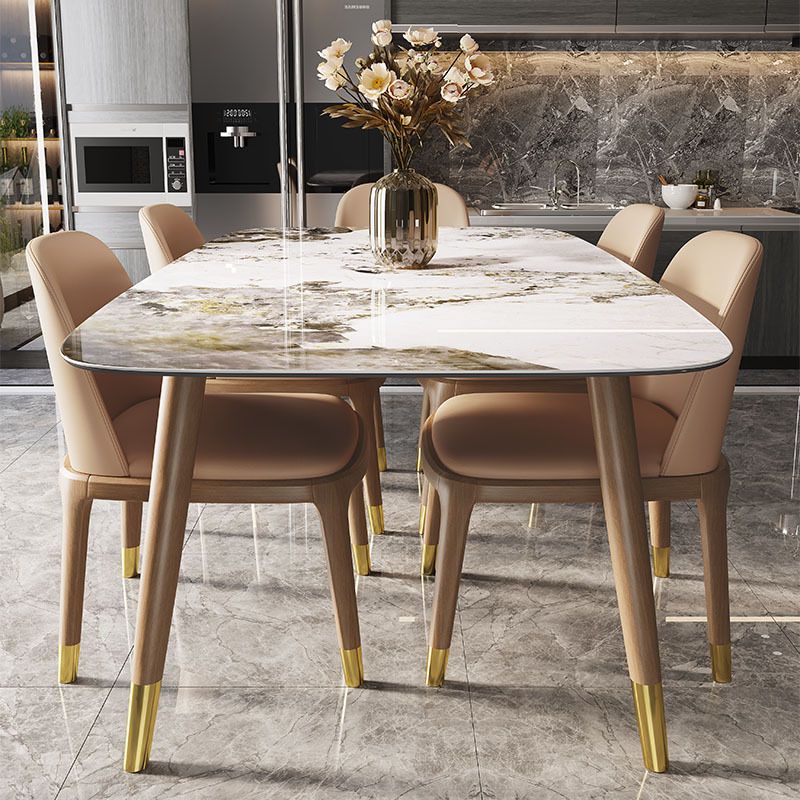 Gray Stone Top Dining Table Mid-Century Modern Dining Table with 4 Wood Legs
