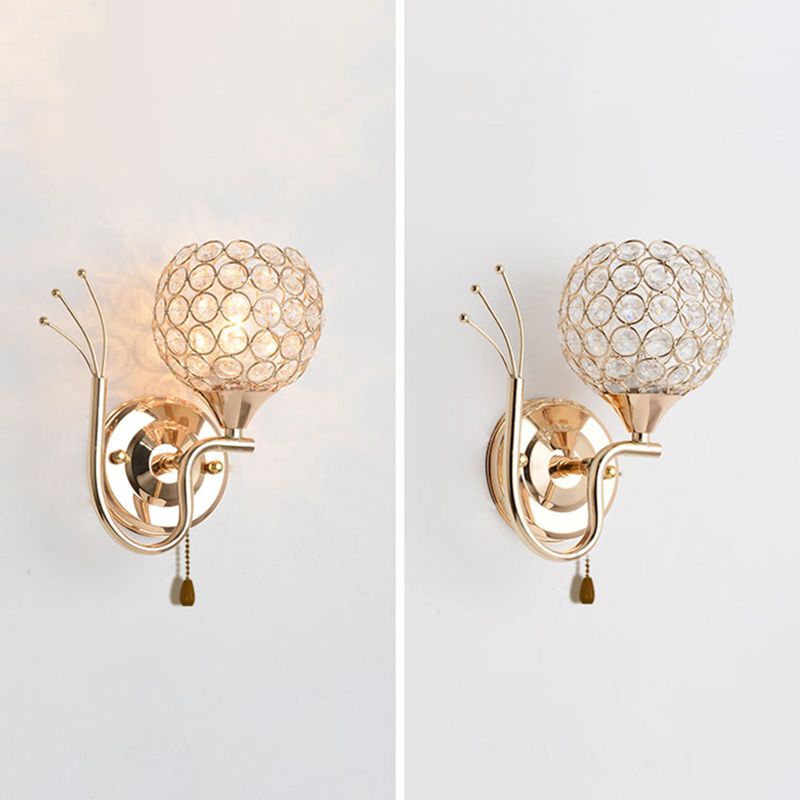 Modern Pull-Chain Wall Lamp Gold Global Wall Mounted Light with Crystal Shade