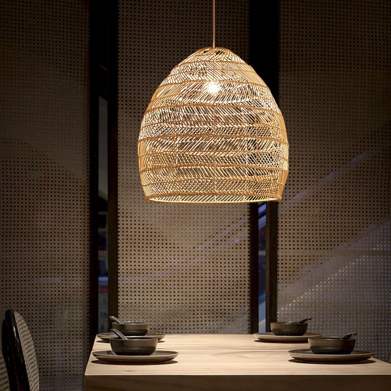 Rattan Cloche Pendant Ceiling Light Asian Single-Bulb Suspension Lighting over Dining Table