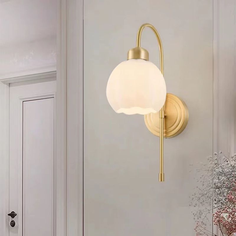 Modern Metal Wall Sconce Bud Shape Wall Light with Glass Shade for Bedroom in Gold