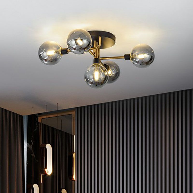 Ball Shaped Bedroom Ceiling Lamp Glass 5-Light Contemporary Semi-Flush Mount Light in Black-Brass