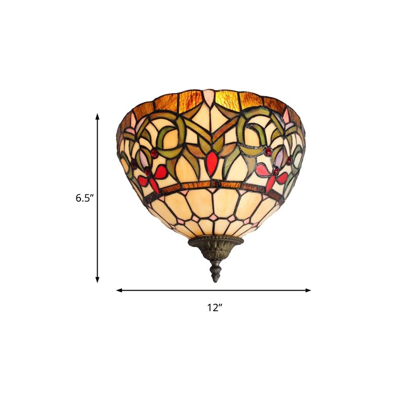Rustic Bowl Wall Sconce Lighting Stained Glass 1 Bulb Wall Lighting in Multi Color for Staircase