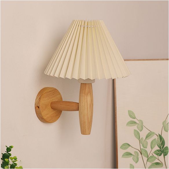 Flared Wall Mounted Light Fixture Simple Wood Bedroom Wall Sconce with Fabric Shade