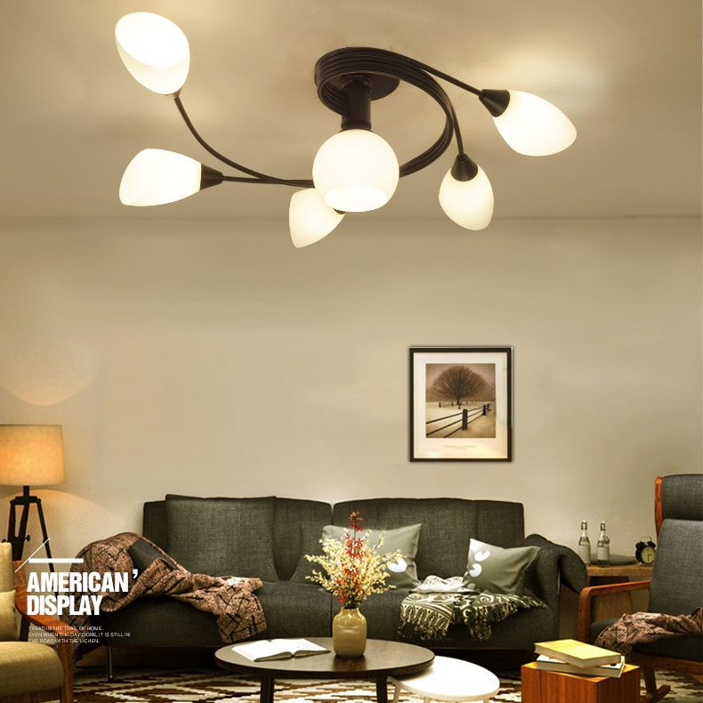 Black Radial Semi Flush Mount in Traditional Retro Style Wrought Iron Ceiling Light with Glass Shade