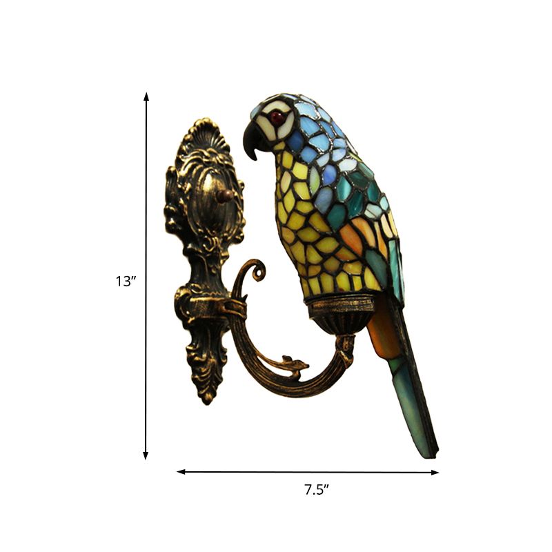 1 Light Parrot Wall Sconce Light Rustic Loft Stained Glass Wall Lighting in Red/Blue for Bedroom