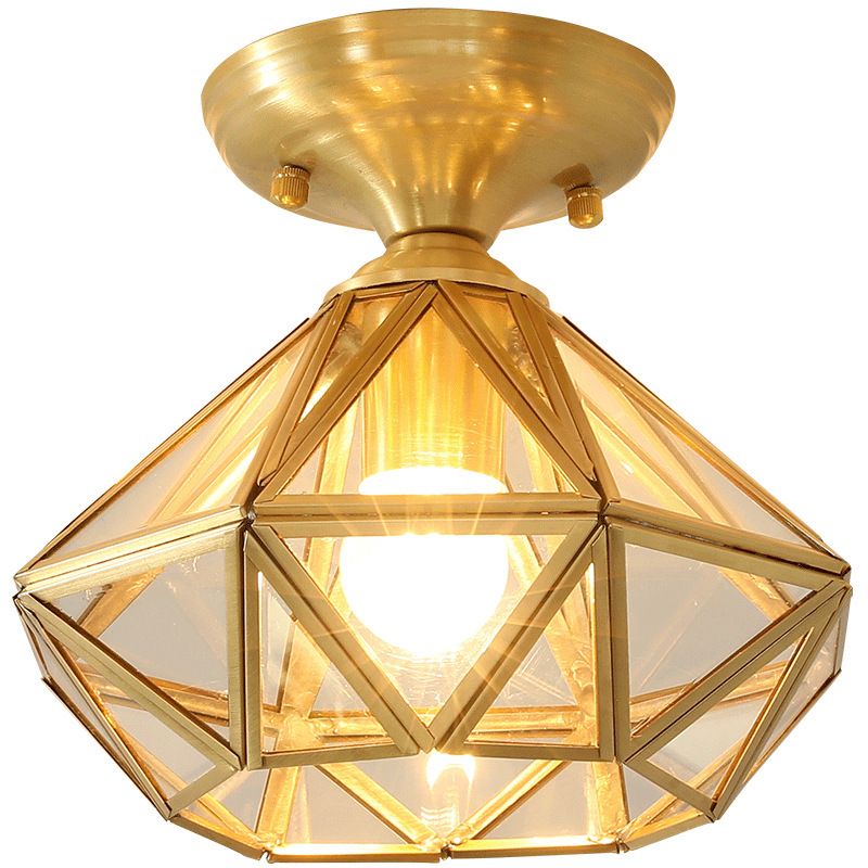 Brass Geometric Ceiling Light in Colonial Style Glass 1-Light Flush Mount