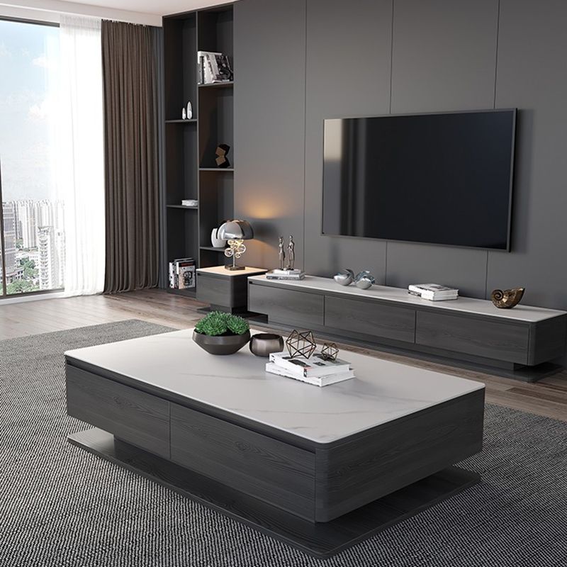 Contemporary Rectangular Stone Coffee Table 16.9" H Block Cocktail Table with 4 Drawers