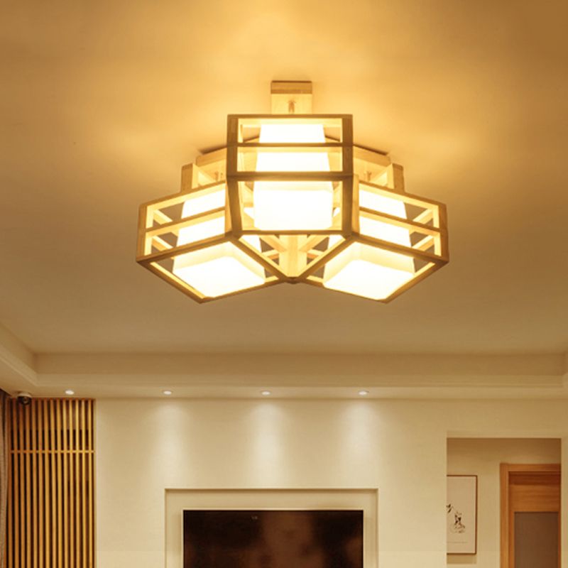 Opaline matglas kubus plafondlicht modern 3 koppen beige semi -spoelbevestiging verlichting met houten kooisacht