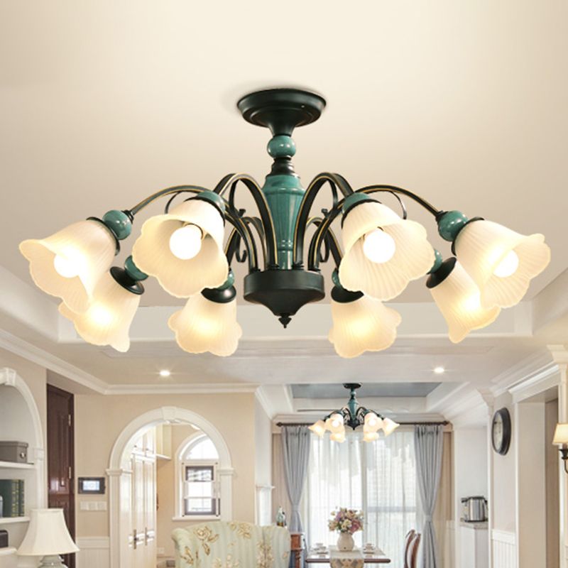 Green Flower Shade Flush Mount Light Retro Ribbed Glass Living Room Semi Flush Chandelier