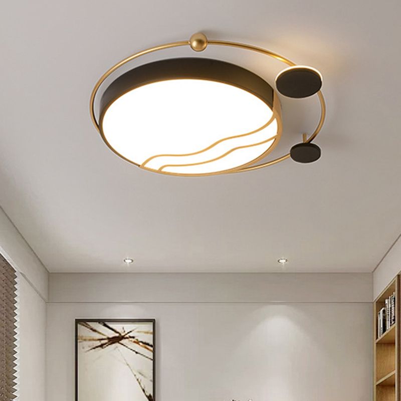 Round Flush Mount Contemporary Iron White and Black/Gold and Black LED Flushmount with Halo Detail in White/Warm Light