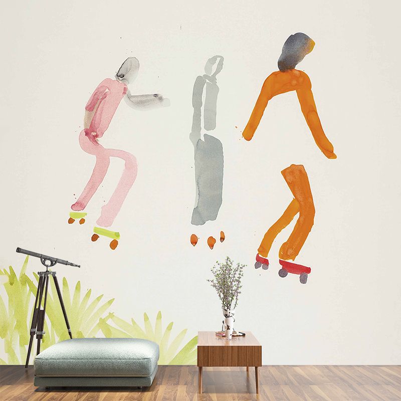 Modern Art Boys Wallpaper Murals with Ice Skating Drawing Pink-Orange Wall Covering