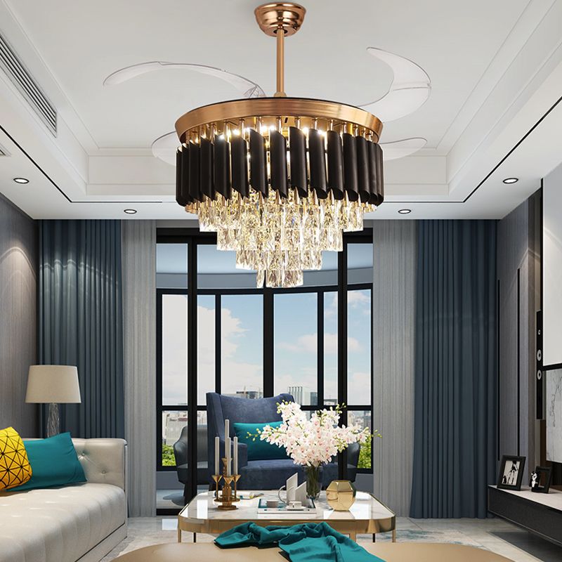 Gold Tiered Ceiling Fan Light Modernist K9 Crystal Flush Mount Led Light with Remote Control/Frequency Conversion for Dining Room