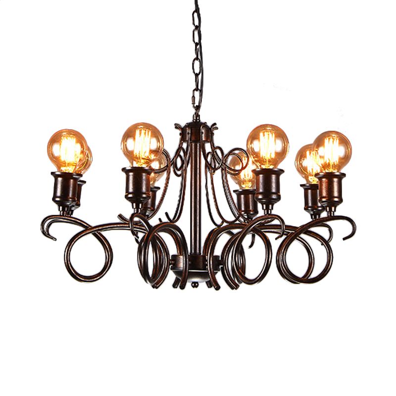 Metal Black Hanging Chandelier Swirled Arm 8-Bulb Traditional Suspension Light for Living Room