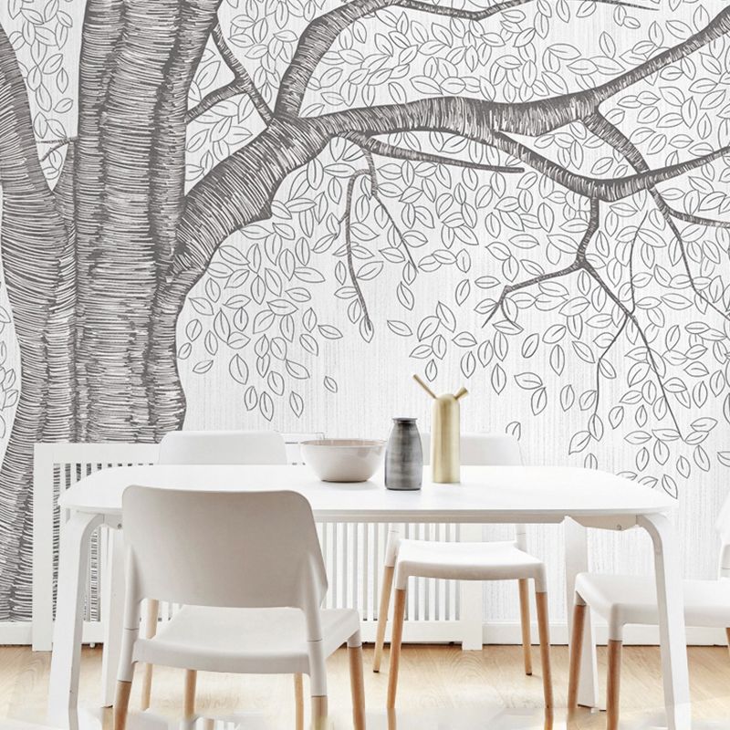 Stain-Resistant Swirled Tree Mural Non-Woven Fabric Nostalgic Wall Covering in Grey for Coffee Shop and Gallery