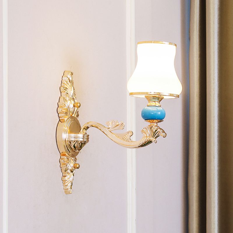 Gold Shaded Wall Lighting Simplicity Opal Glass Corridor Wall Light Fixture with Curved Arm