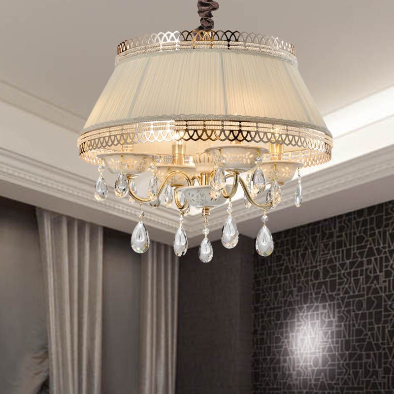 Empire Shape Fabric Light Chandelier Contemporary 4 Heads Bedroom Pendant plafond Light en gris / beige avec goutte de cristal
