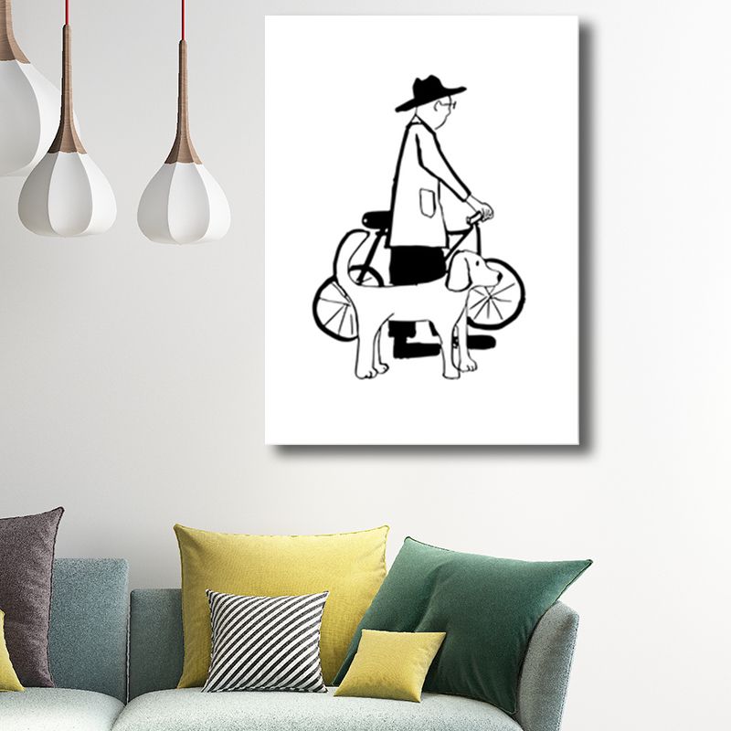 Man and Dog Sketch Canvas Art Textured Minimalist Living Room Wall Decor in Black-White