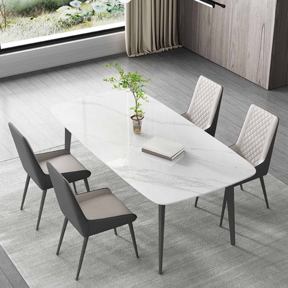 Contemporary White Rectangular Stone Dining Table with 4 Steel Foot