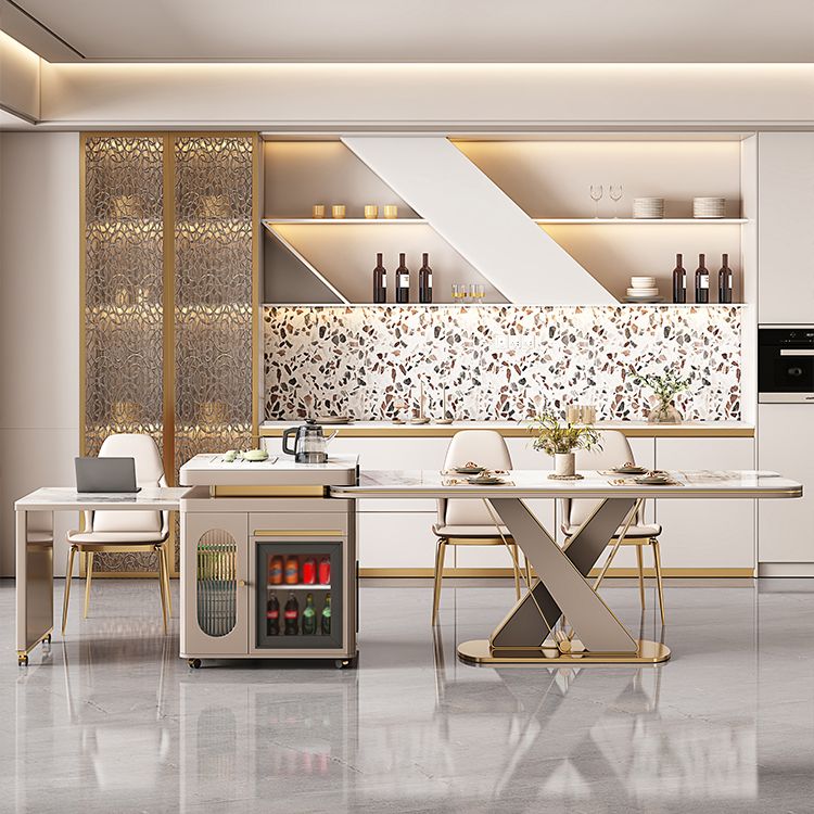 Traditional Luxury Dining Table Stone Rectangle Fixed Table with Pedestal Base