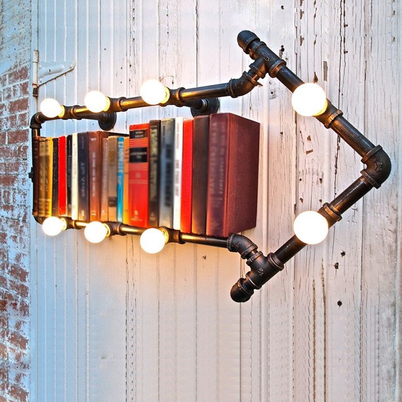 Black/Copper Arrow Wall Light Industrial Iron 8 Lights Living Room Wall Sconce with Book Rack Design