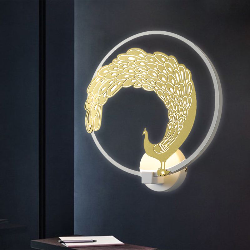 Acrylic Circular Wall Mural Lamp Chinese Style LED Wall Mounted Light Fixture in Black/White for Left/Right Side