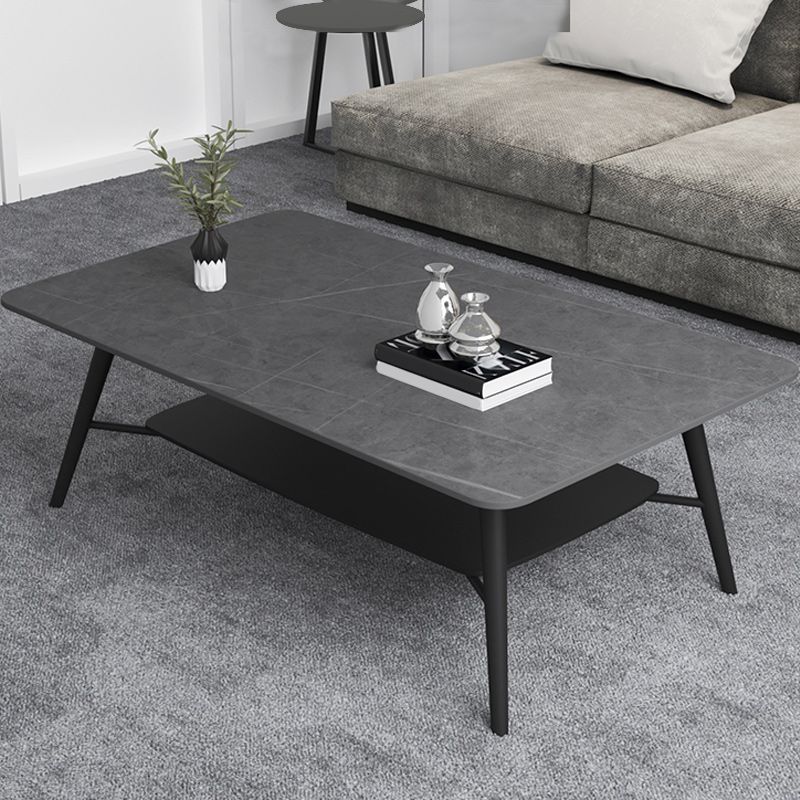 Cross Legs Rectangular Slate Coffee Cocktail Table in Gray with Shelf